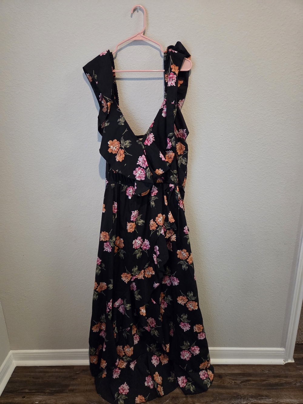 Black Floral V-Neck Ruffle Maxi Dress - Pink & Orange Flowers